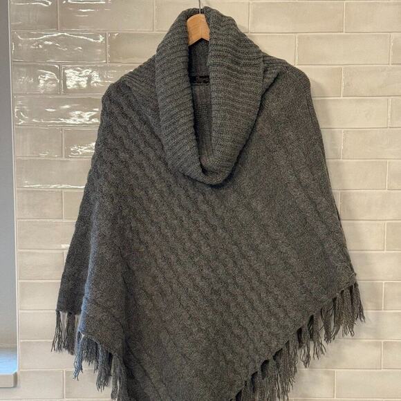 Sweaters - Gray Sweater Poncho With Cowl Neck & Fringe